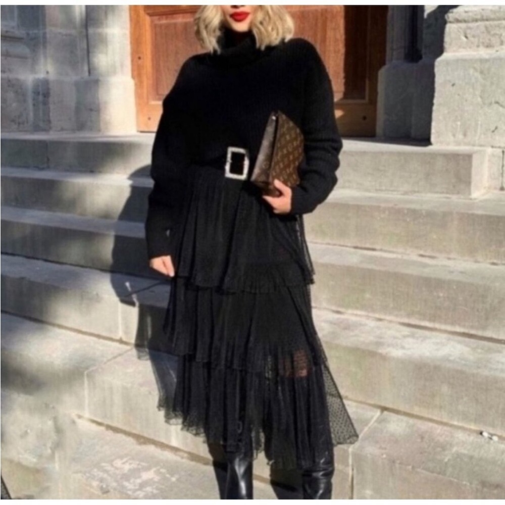 Zara Black Layered Tiered Swiss Dot Midi Skirt XS